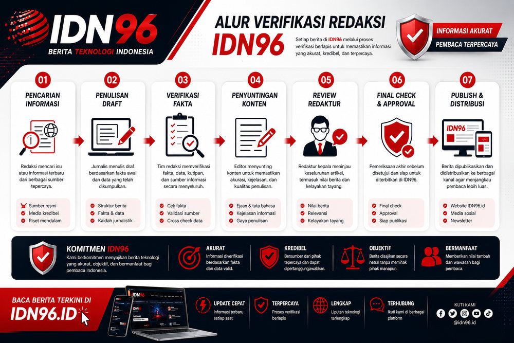 Diagram empat tahap verifikasi: sumber primer, konfirmasi, cek angka, penyuntingan