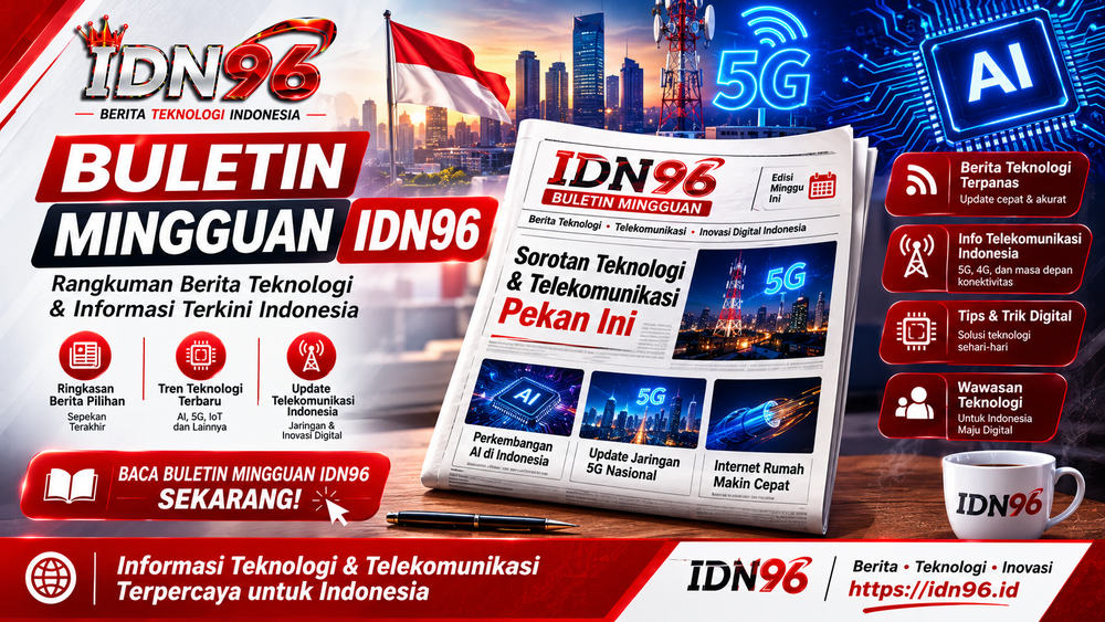 Buletin mingguan IDN96 Tampilan buletin surel berisi ringkasan berita teknologi pekan itu