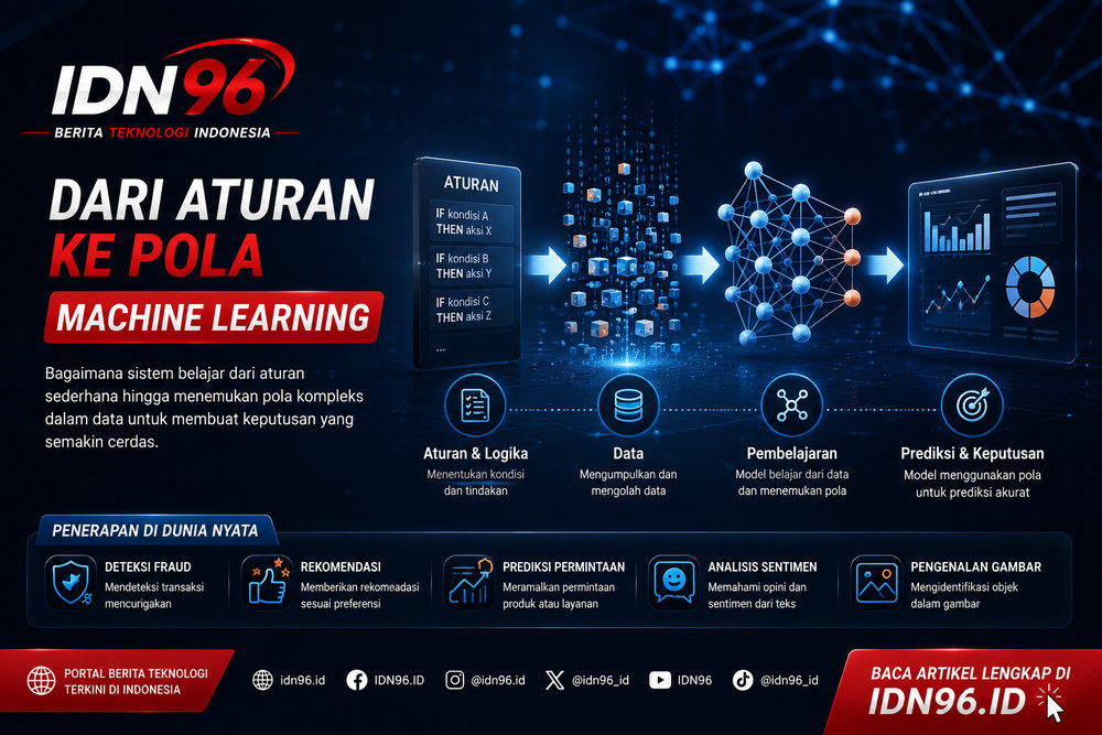 Dari aturan ke pola Perbandingan dua pendekatan: daftar aturan manual di kiri, sebaran data berpola di kanan