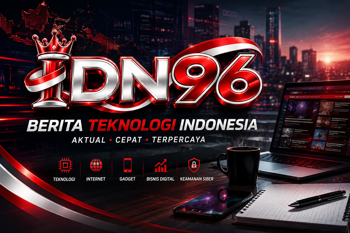 Meja redaksi dengan dua layar menampilkan grafik dan artikel teknologi berbahasa Indonesia