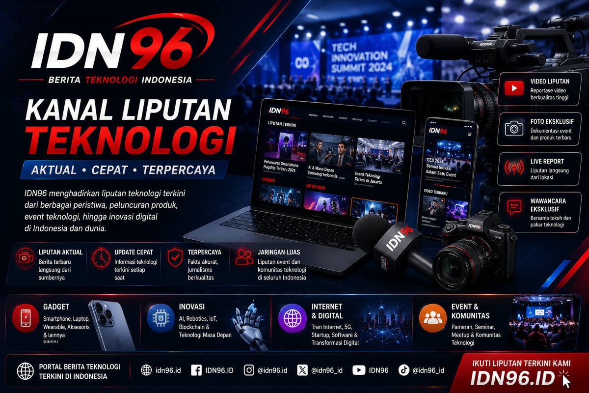 Ilustrasi tujuh ikon kanal: AI, gadget, startup, keamanan siber, software, telekomunikasi, ulasan