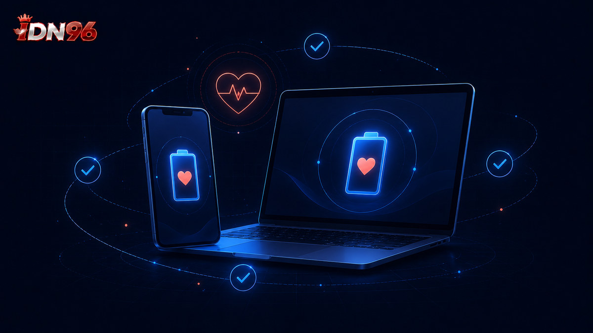 Ilustrasi ponsel dan laptop menampilkan baterai berlambang hati, dikelilingi tanda centang perawatan