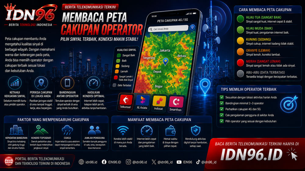 Membaca peta cakupan Peta cakupan operator dengan area berwarna menandai prediksi kekuatan sinyal