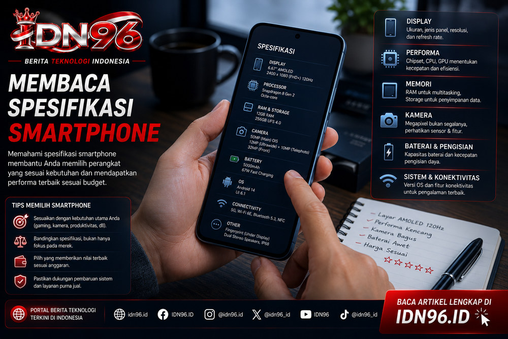 Lembar spesifikasi smartphone dengan beberapa baris ditandai stabilo