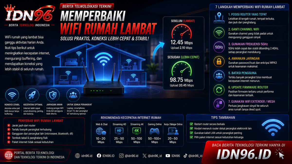 Router diletakkan terbuka di rak tinggi dengan kabel jaringan terpasang