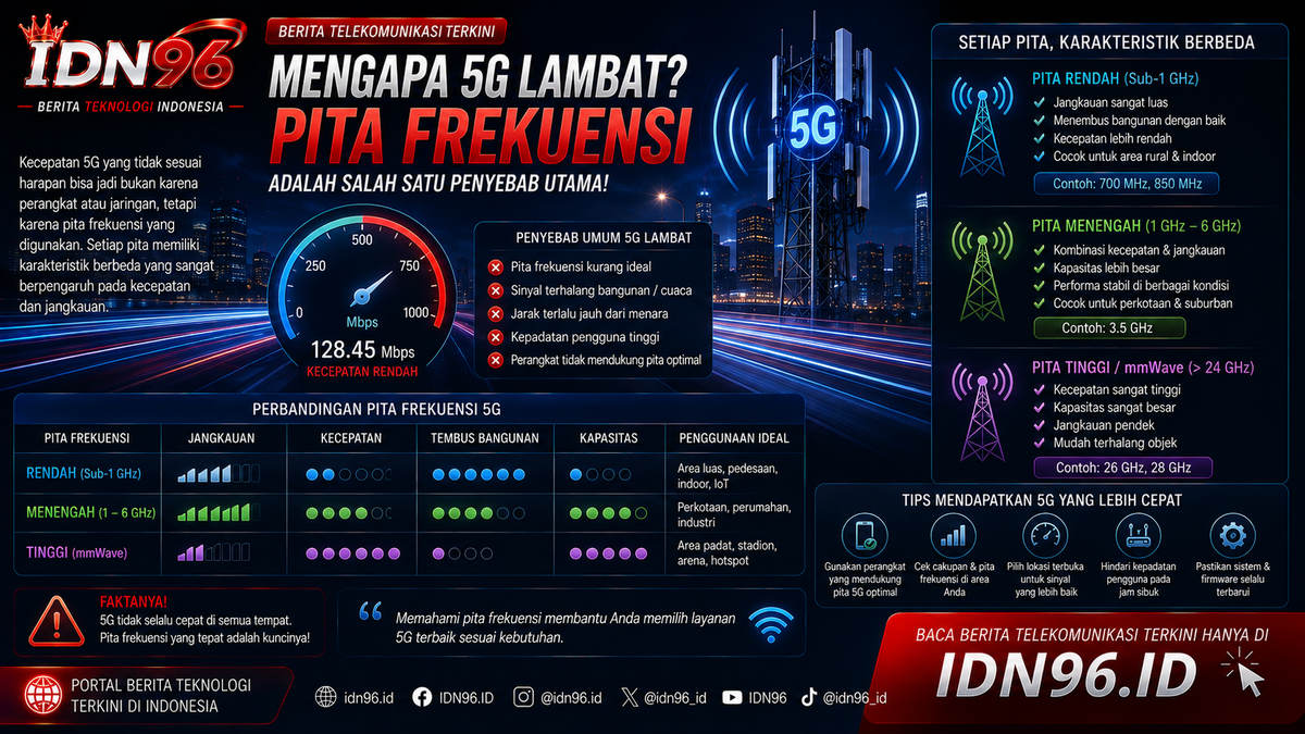 Pita frekuensi dan kecepatan 5G Ponsel menampilkan indikator 5G bersama hasil uji kecepatan di layar