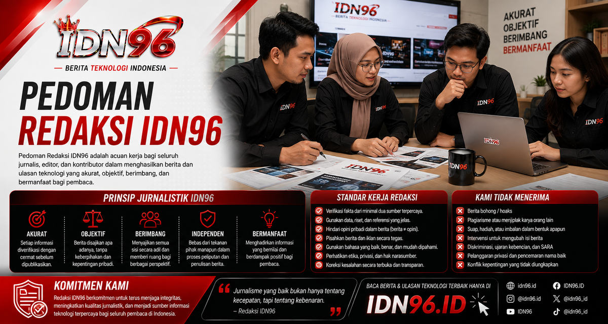 Pedoman pemberitaan IDN96 Dokumen pedoman pemberitaan tercetak di atas meja redaksi