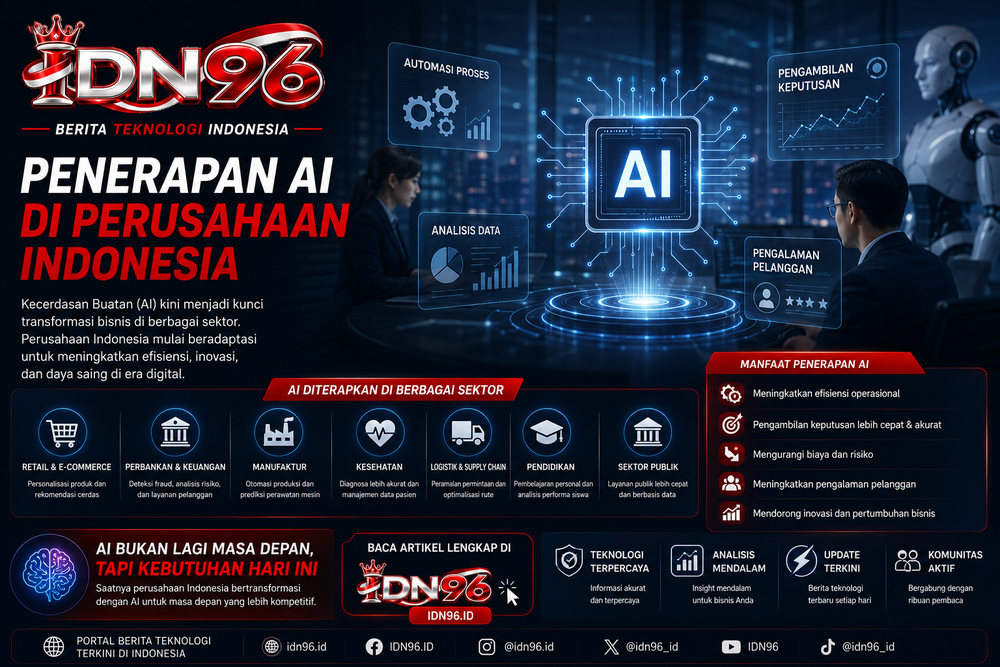 Penerapan AI di kantor Indonesia Tim kecil berdiskusi di depan layar yang menampilkan alur kerja otomatis