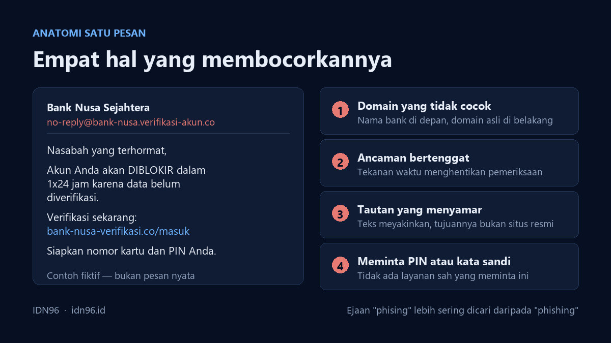 Diagram satu contoh pesan phising fiktif dengan empat penanda: domain yang tidak cocok, ancaman bertenggat, tautan menyamar, dan permintaan PIN