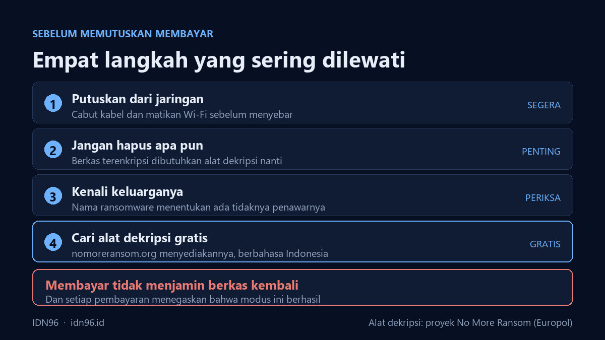Diagram empat langkah pertama menghadapi ransomware: putuskan dari jaringan, jangan hapus berkas, kenali jenisnya, dan cari alat dekripsi gratis