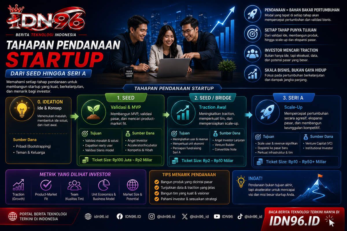 Diagram tangga tahapan pendanaan dari pra-seed sampai Seri C