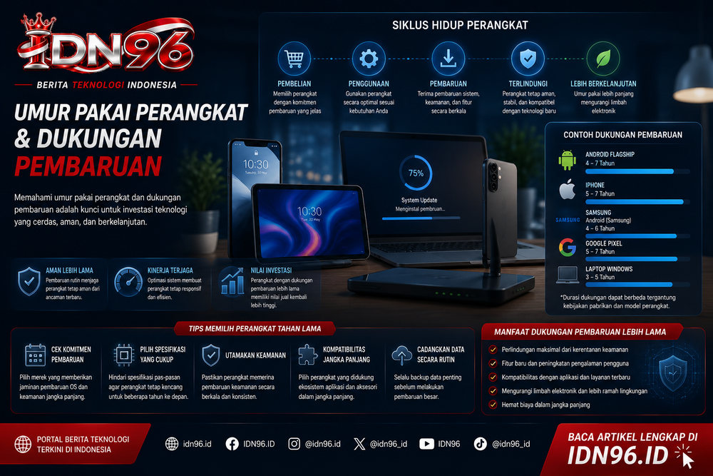 Ponsel berumur beberapa tahun masih dipakai, layar menampilkan notifikasi pembaruan keamanan